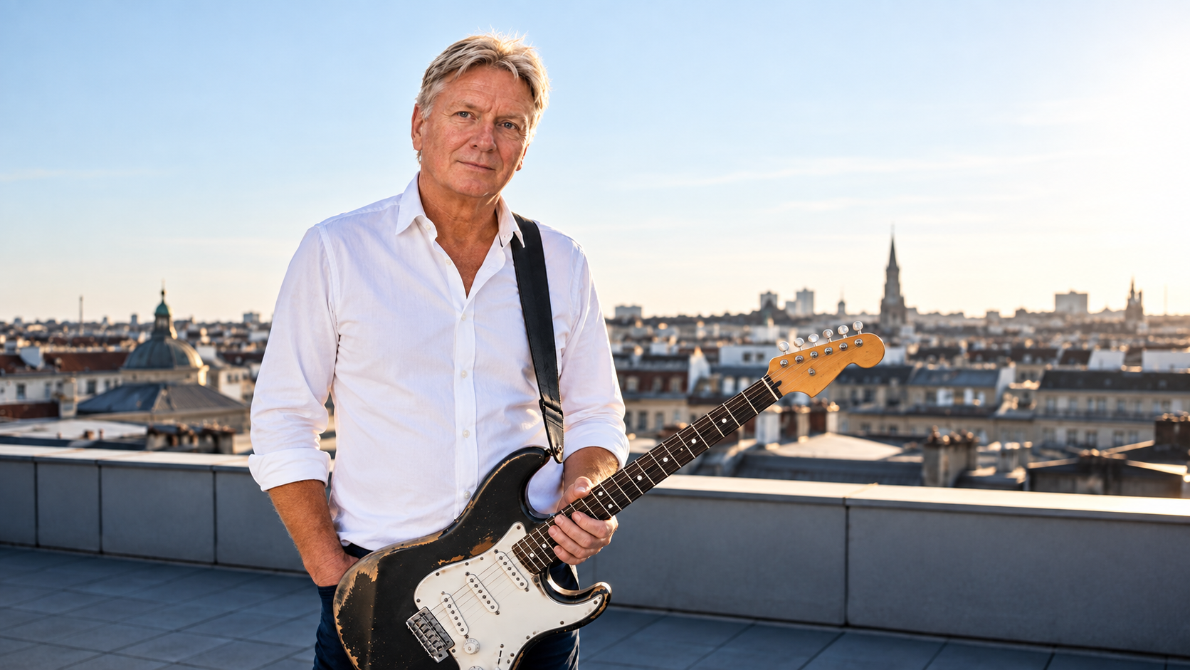 Anders Party med gitar på en takterrasse